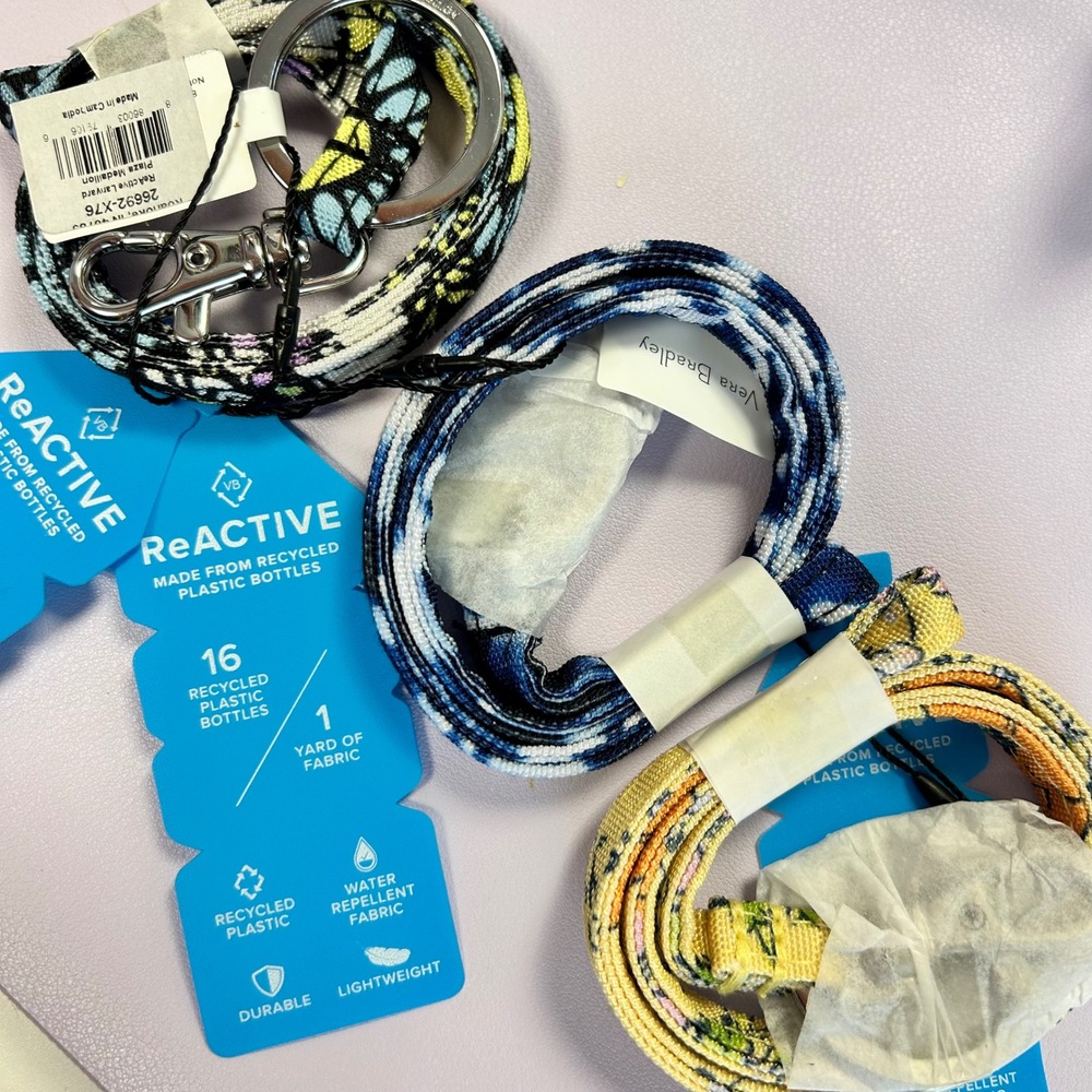 Lot of 3 Vera Bradley ReActive Lanyards Plaza Medallion Blue Yellow Recycled NEW